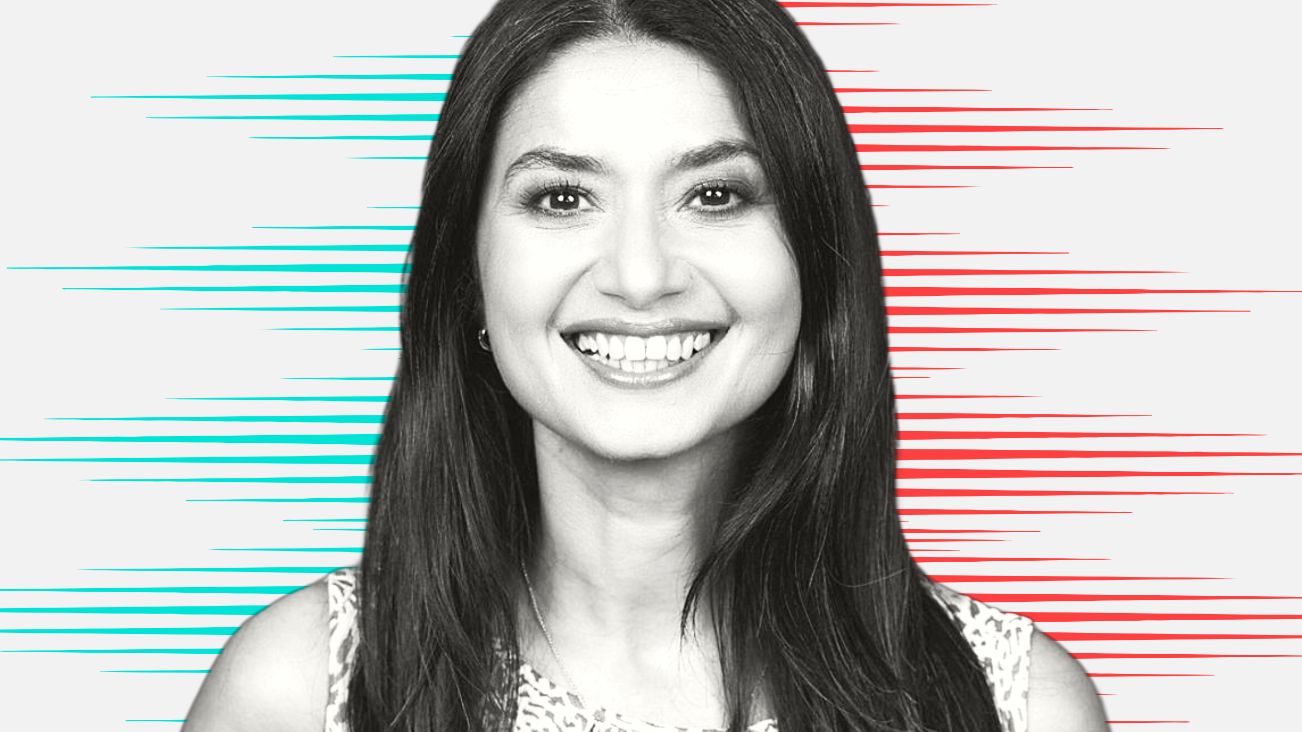 Black and white cutout portrait of Sonia Thimmiah with a People Moves background