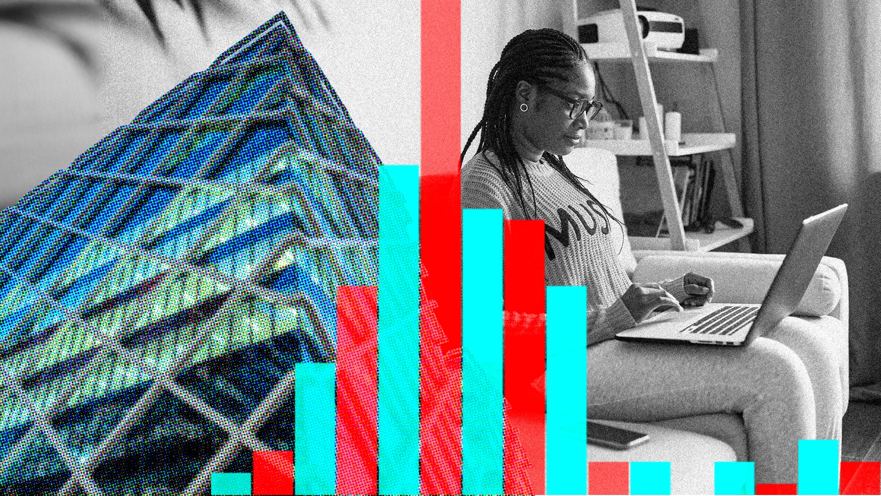 Composite image of modern glass office building, woman in casual clothing sitting at laptop and bar chart.