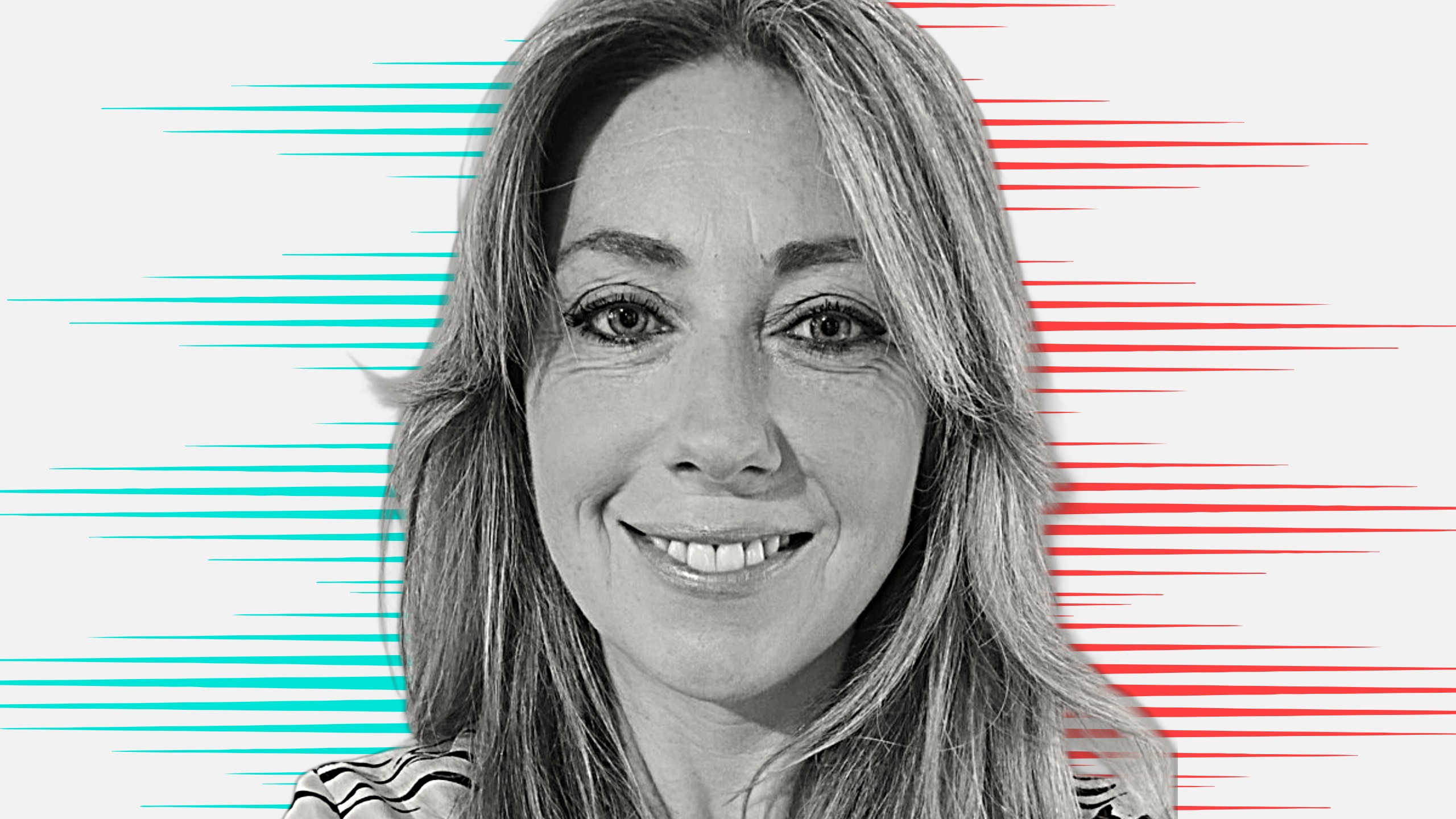 Black and white cut out head and shoulders portrait of Rhona De La Mer on People Moves-style blue and red stripy background