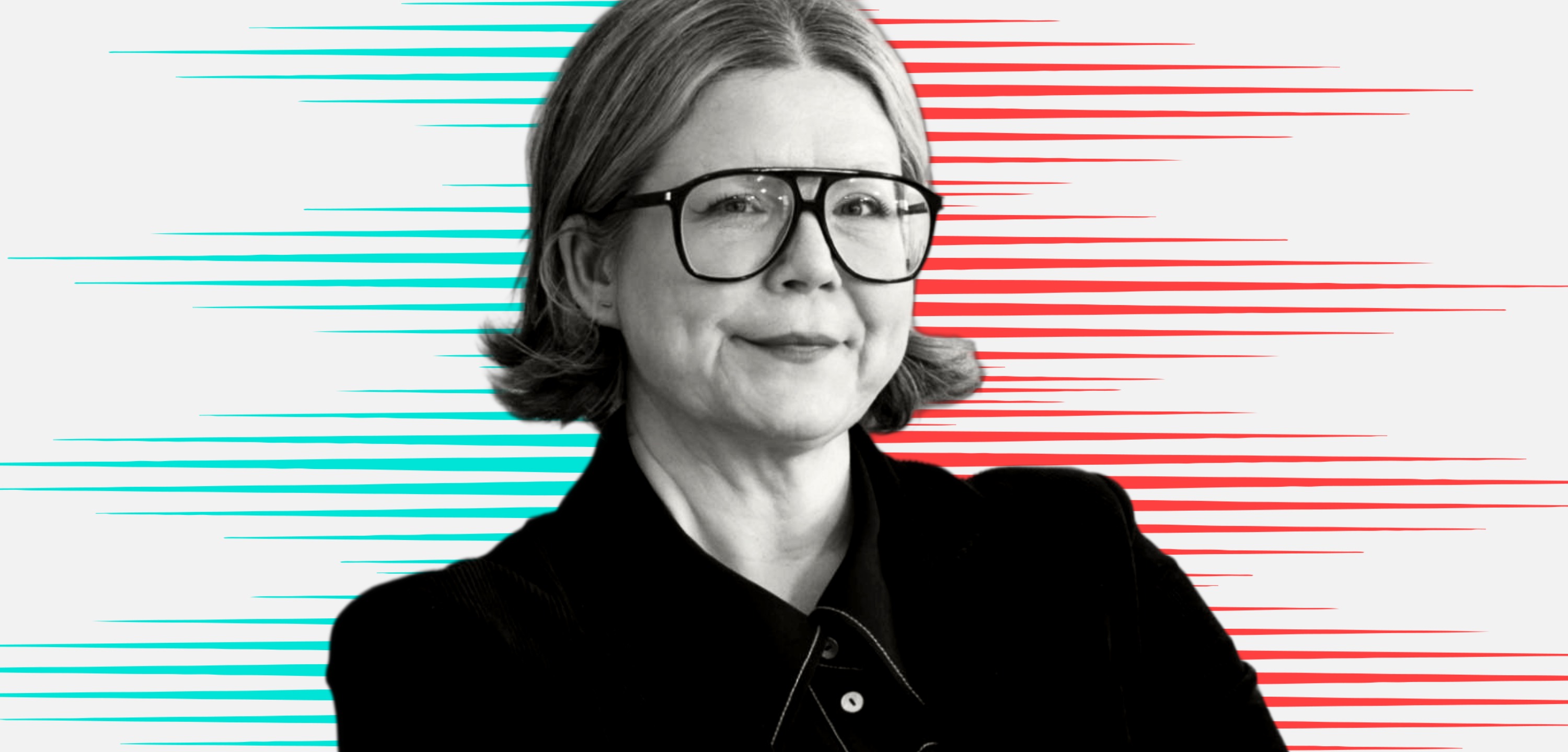 Black and white cut out head and shoulders portrait of Caroline Hooley on People Moves-style blue and red stripy background