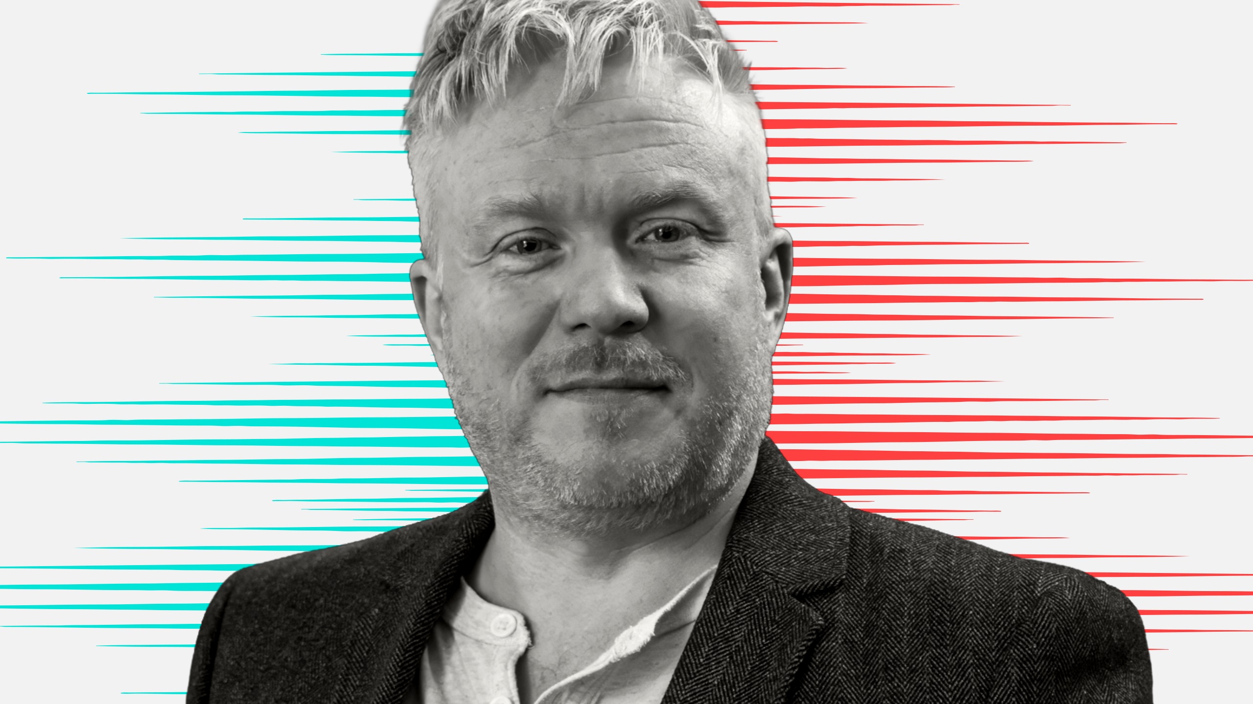 Black and white cut out head and shoulders portrait of Stuart Boxhall on People Moves-style blue and red stripy background