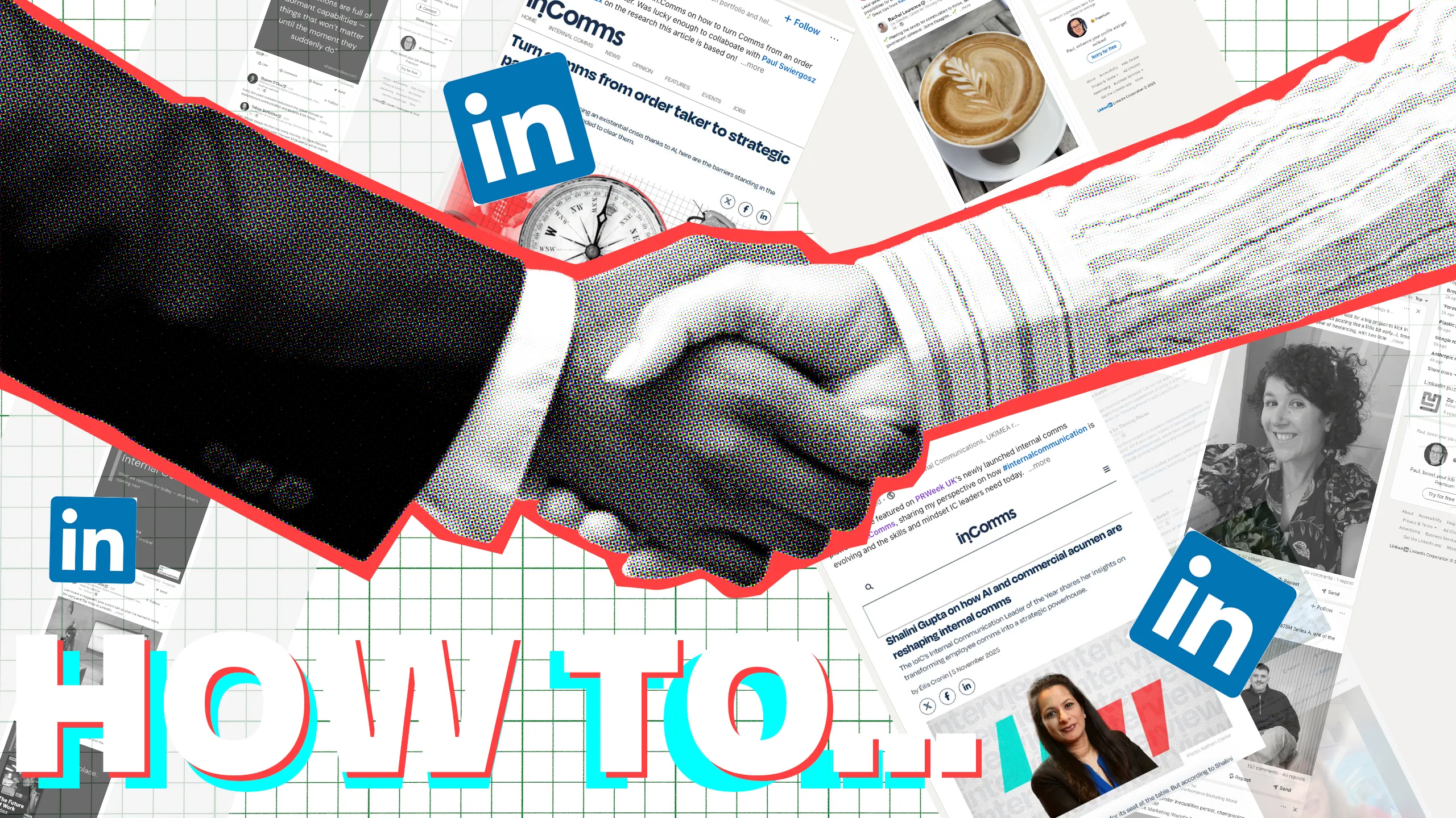 Black and white cutout image of business handshake, with background featuring LinkedIn logos, business media and a woman's LinkedIn page
