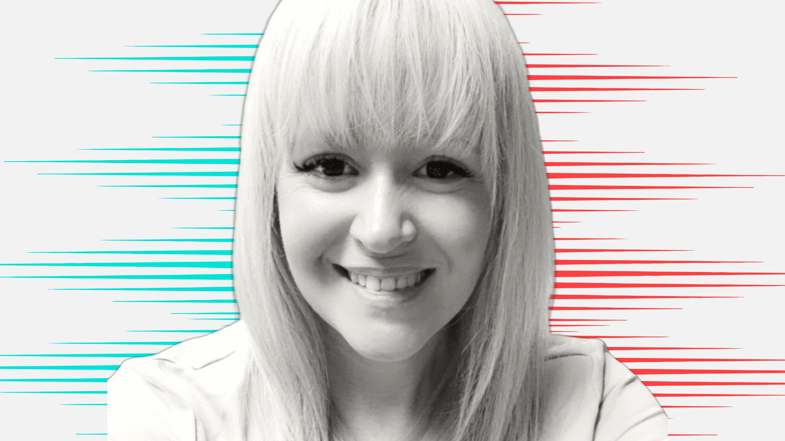 Black and white cut out head and shoulders portrait of Sarah Luker on People Moves-style blue and red stripy background