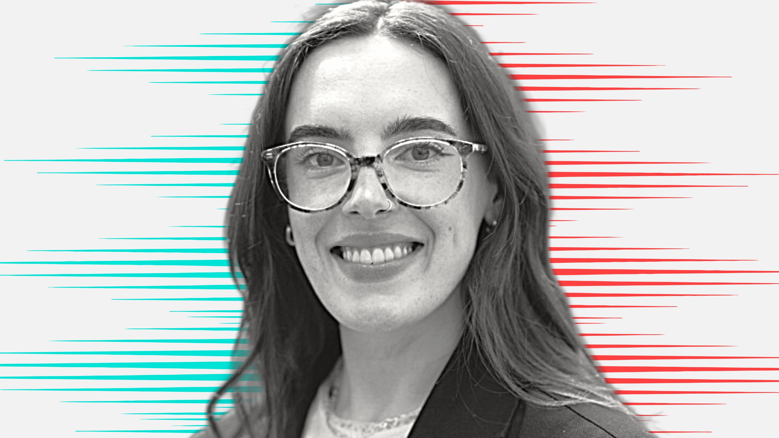 Black and white cut out head and shoulders portrait of Lucy Warren on People Moves-style blue and red stripy background