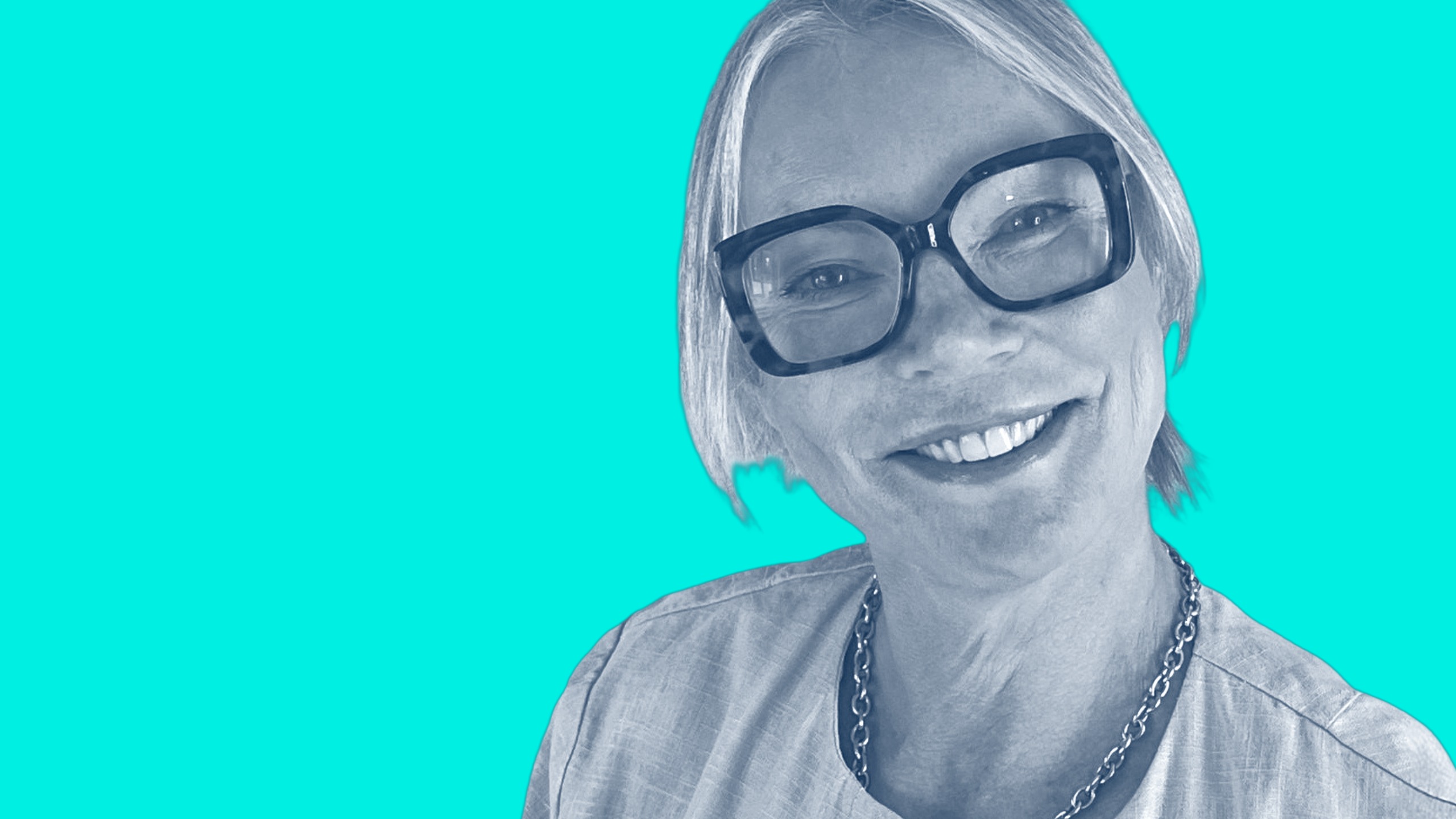 Black and white cut-out picture of Justyne Whyke against a turquoise background, in Opinions style