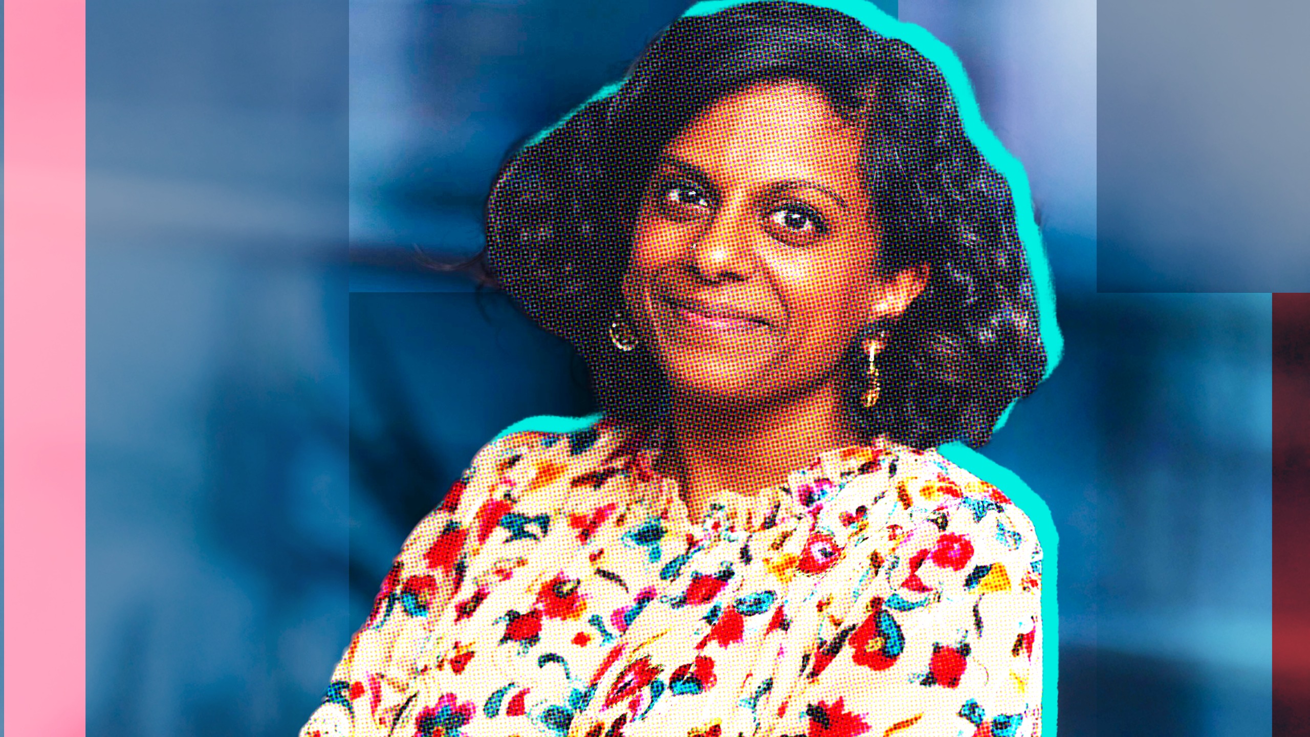 Cutout picture of Angela Balakrishnan, posterised for effect and put on abstract background