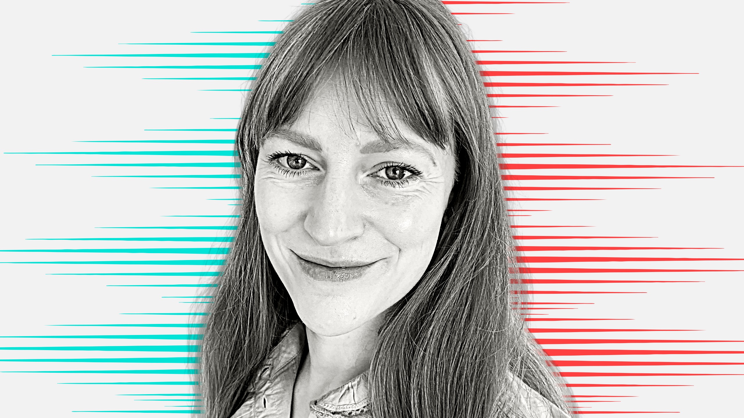 Black and white cut out head and shoulders portrait of Rose Ashburner on People Moves-style blue and red stripy background