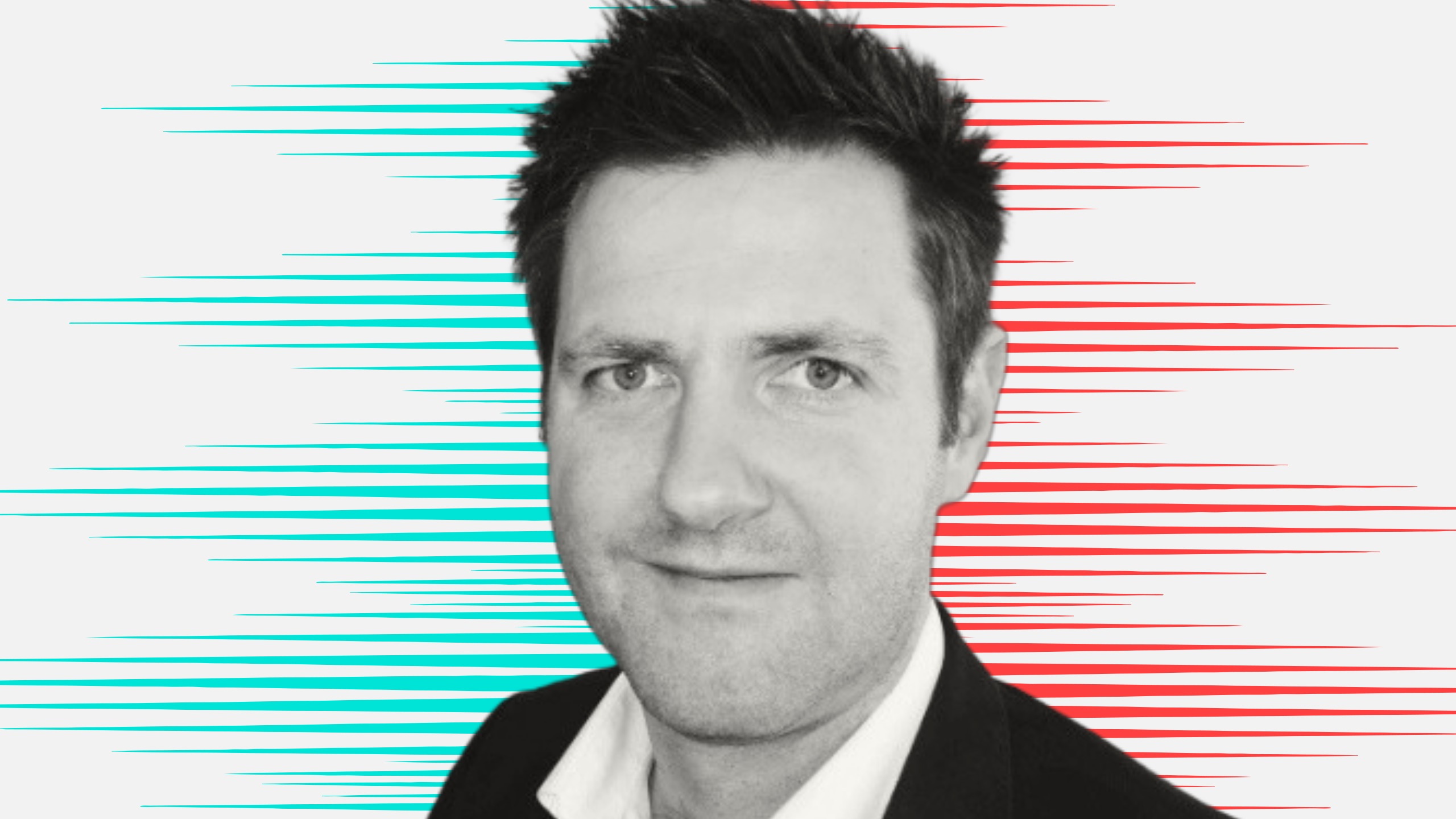 Cut out black and white head and shoulder portrait of James Crampton, with stylised blue and red lined background in In.Comms' 'People Moves' style
