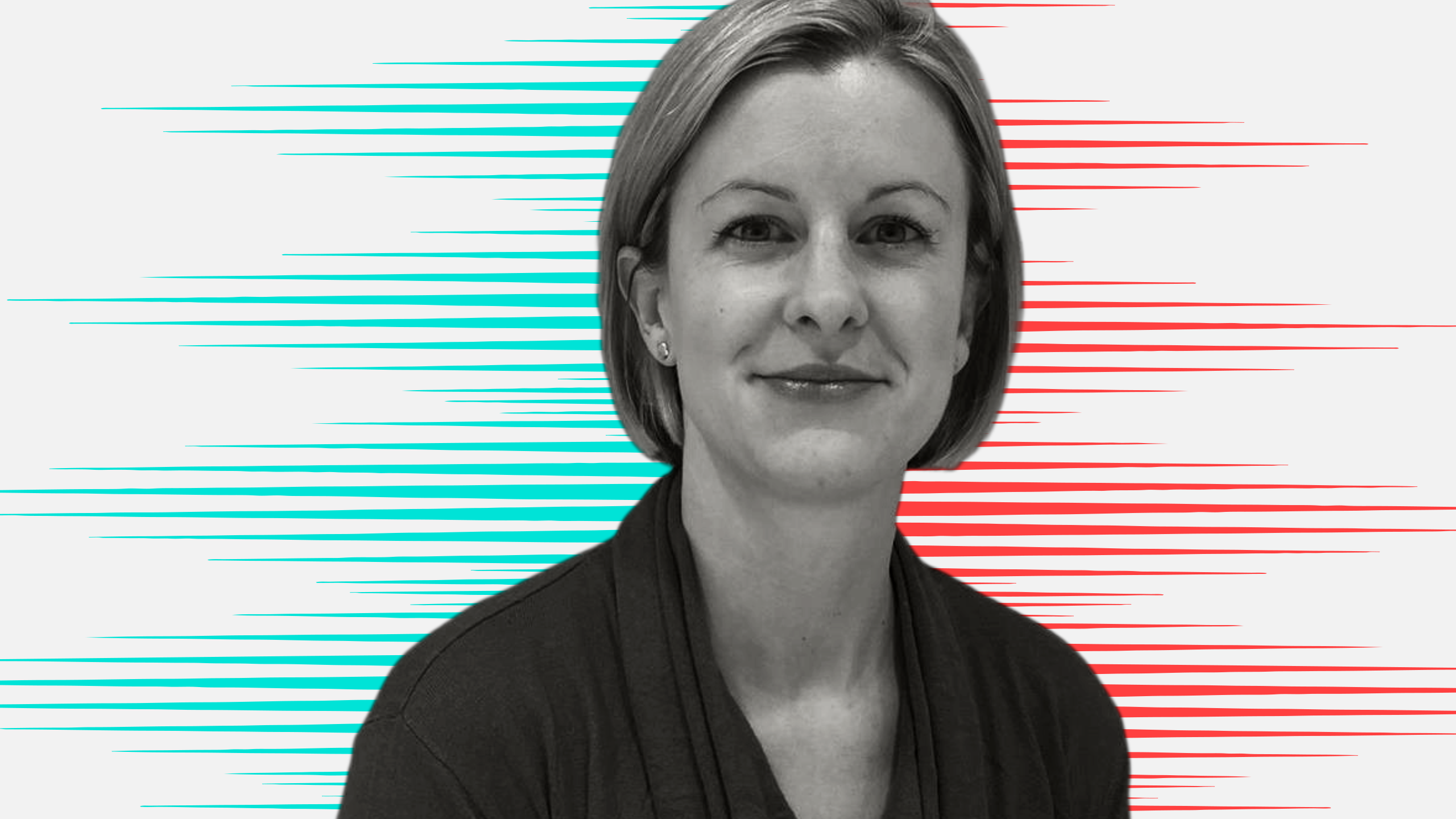 Black and white cut out head and shoulders portrait of Victoria McKenzie-Gould on People Moves-style blue and red stripy background