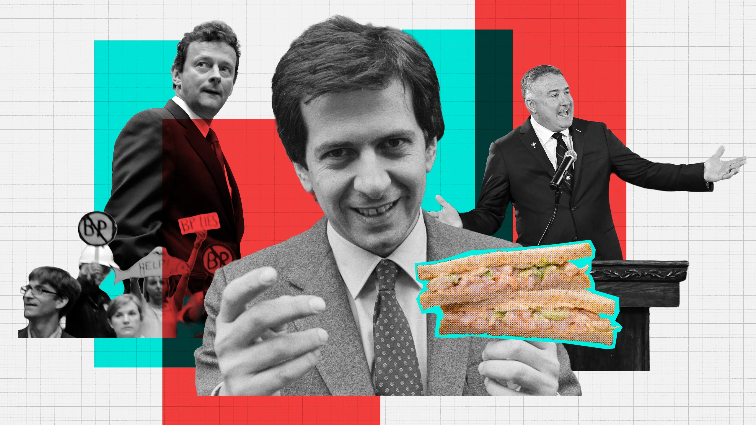 Black and white cutouts of Tony Hayward, Gerald Ratner and Don Rea Jr, with a prawn sandwich and some BP protestors
