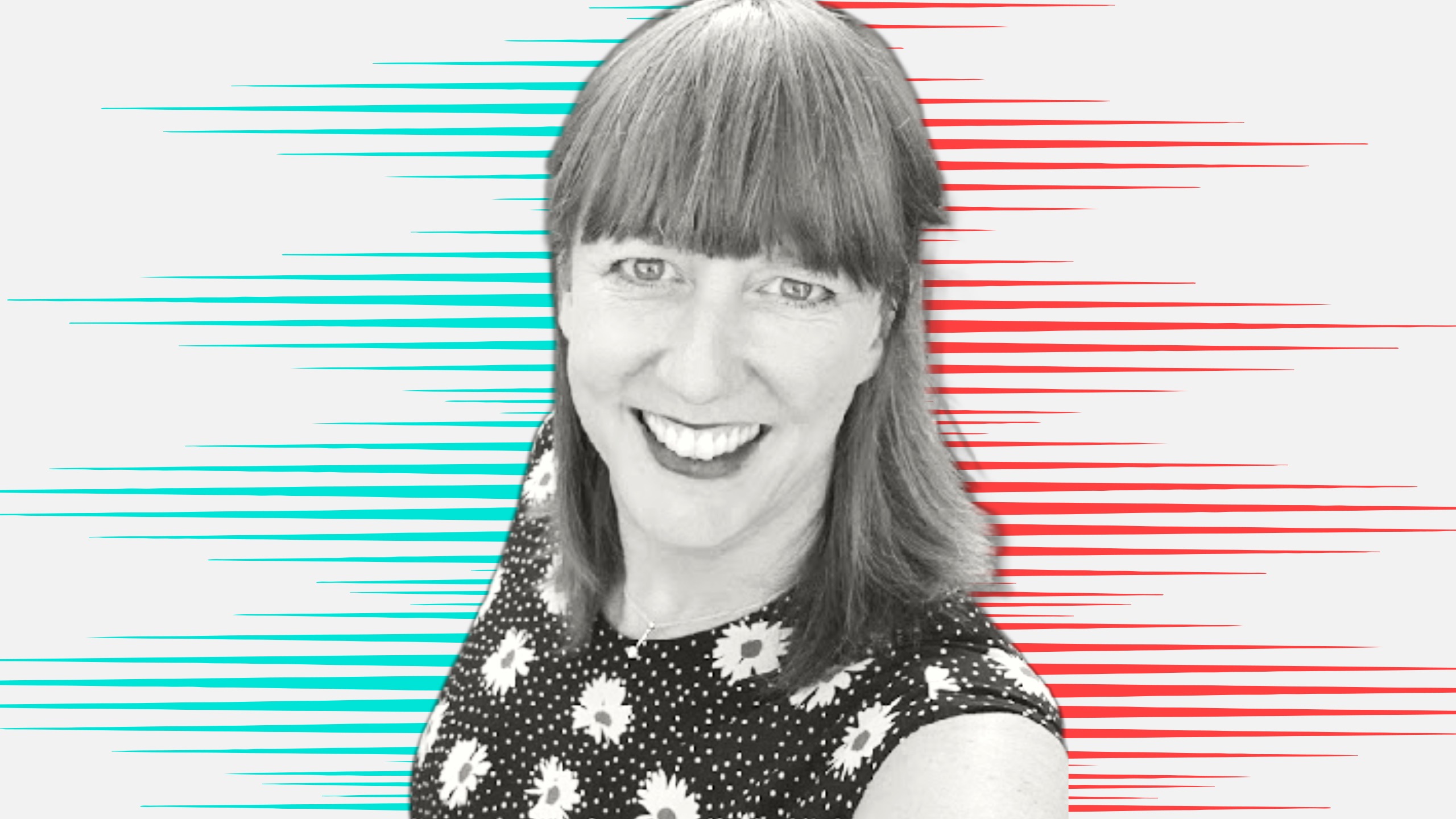 Black and white cutout head and shoulders portrait of Catherine Feast on People Moves-style blue and red stripy background