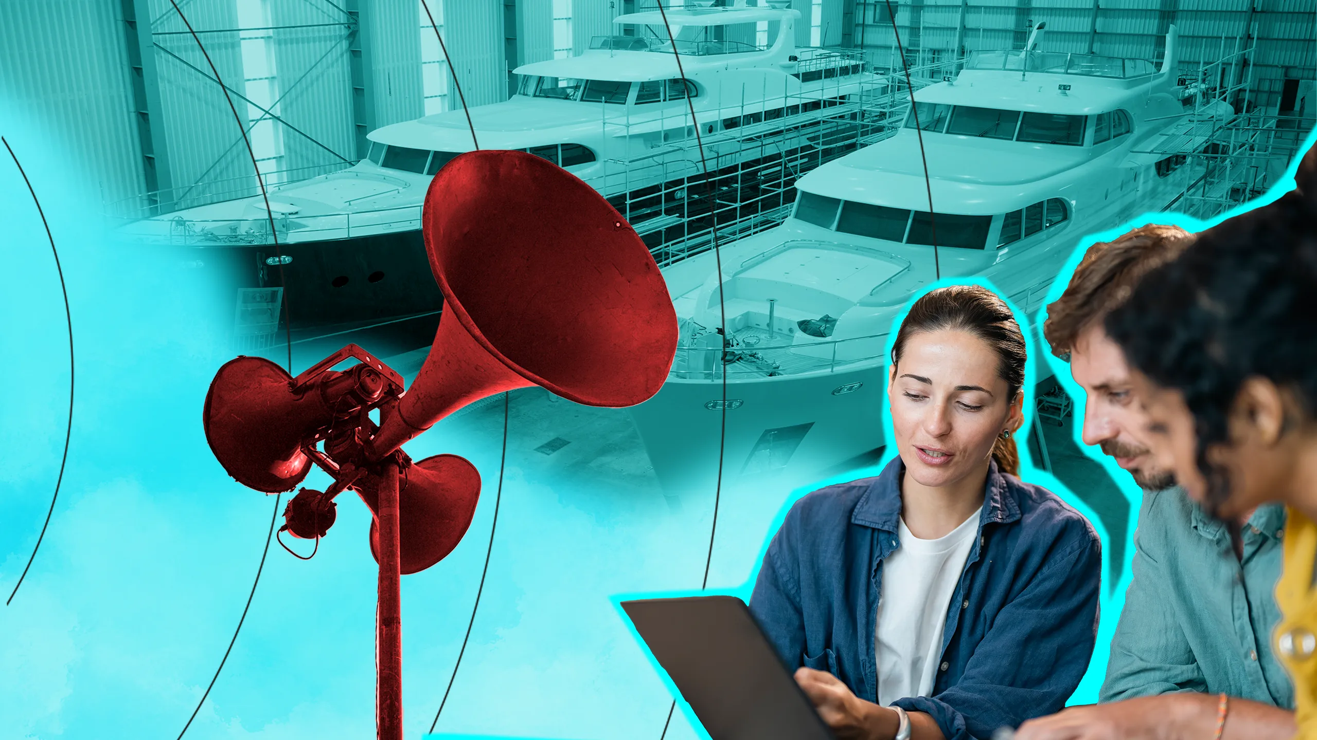 Composite image of: colour image of people looking at laptop, with muted toned luxury yachts behind, and a red megaphone 