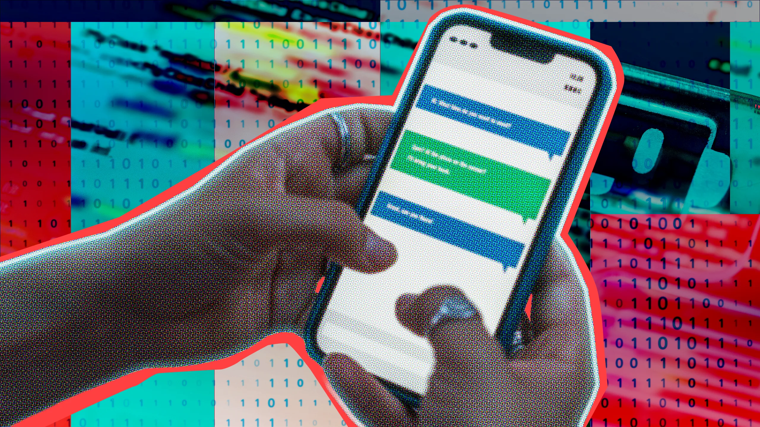 Hands holding a mobile phone against a backdrop of binary code