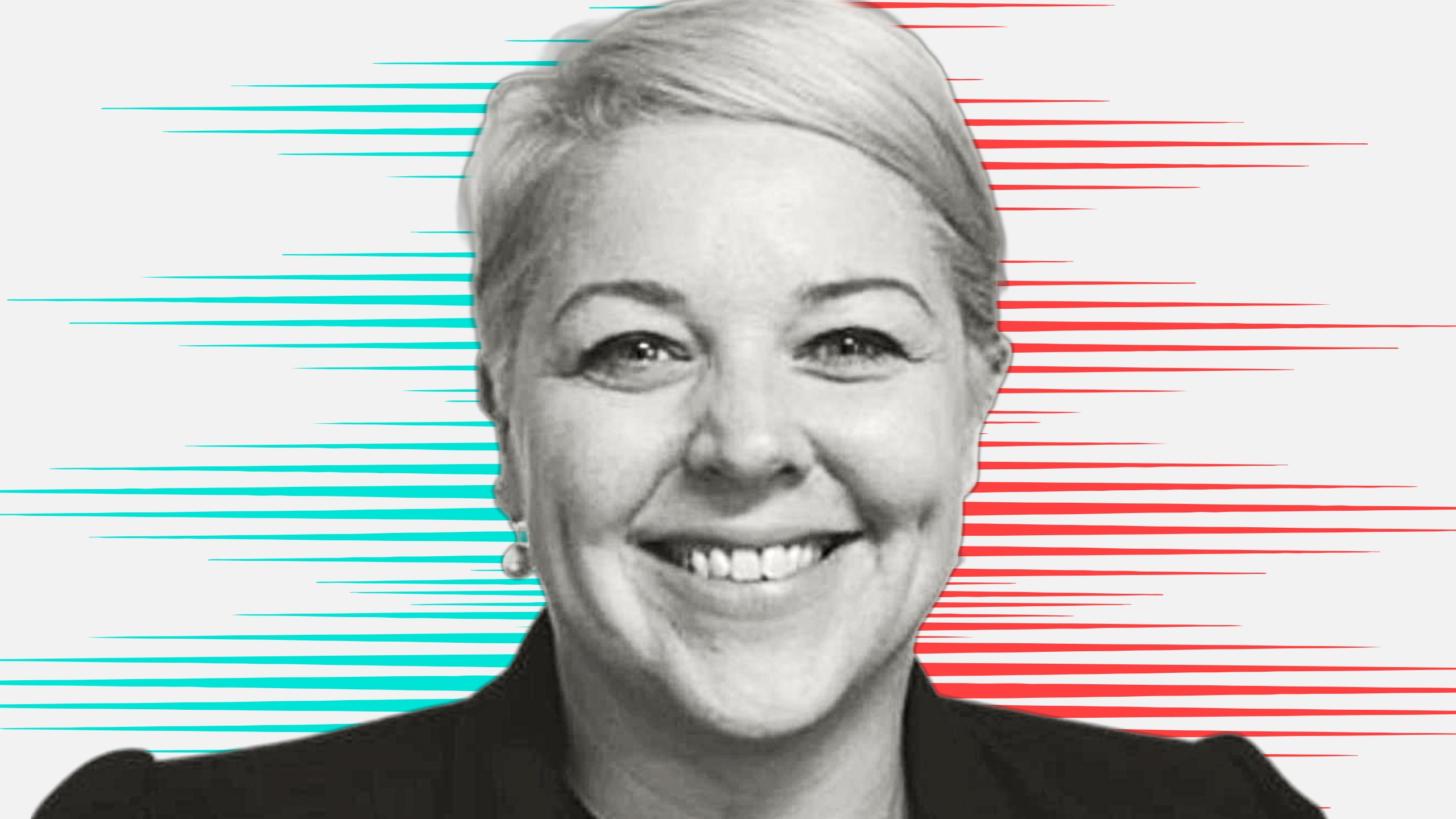 Black and white cut out head and shoulders portrait of Gemmaine Walsh on People Moves-style blue and red stripy background